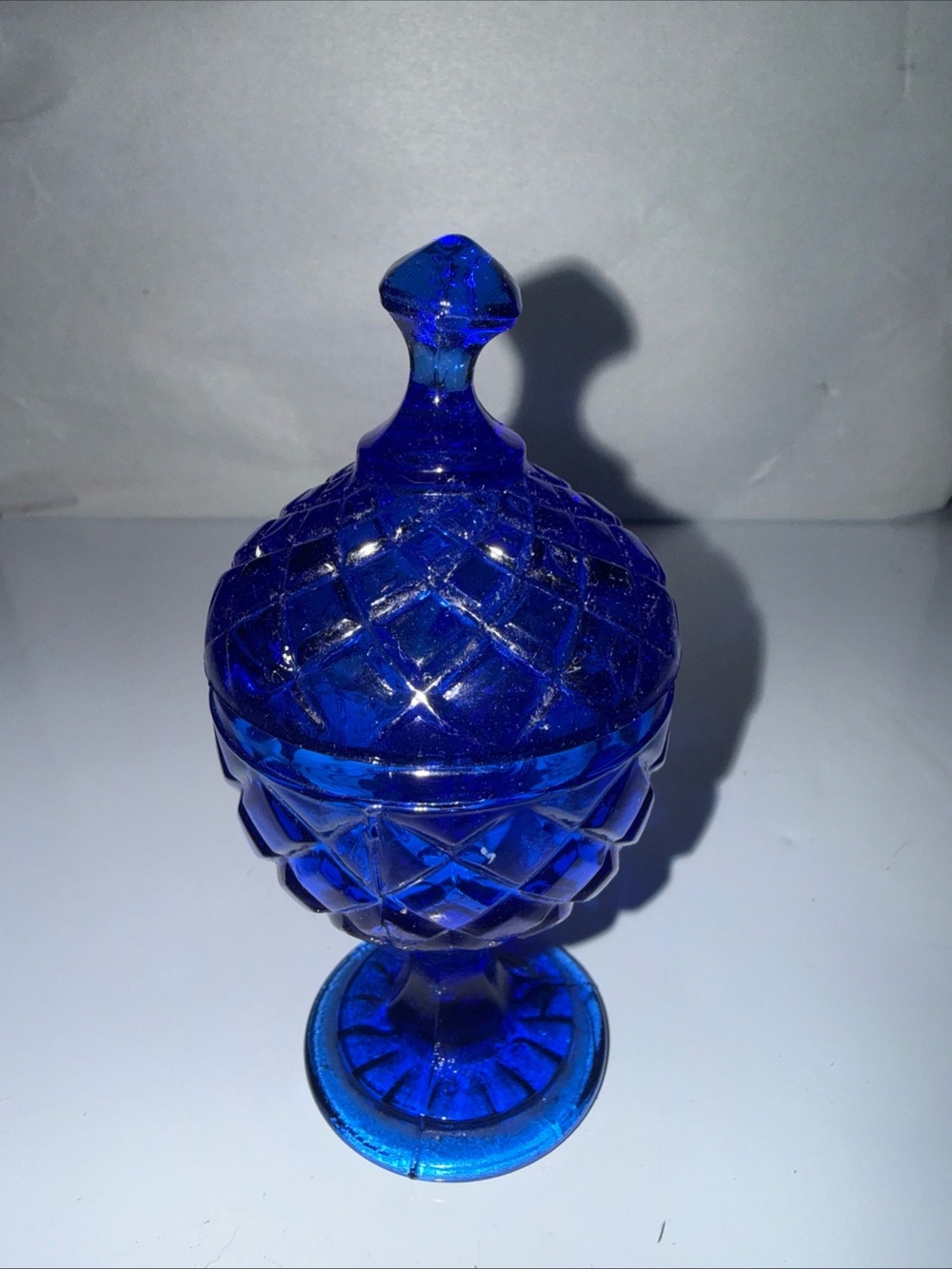 Vintage Cobalt Basketweave Glass Pedestal Trinket Jar 5" x 2.38" x 2.38"